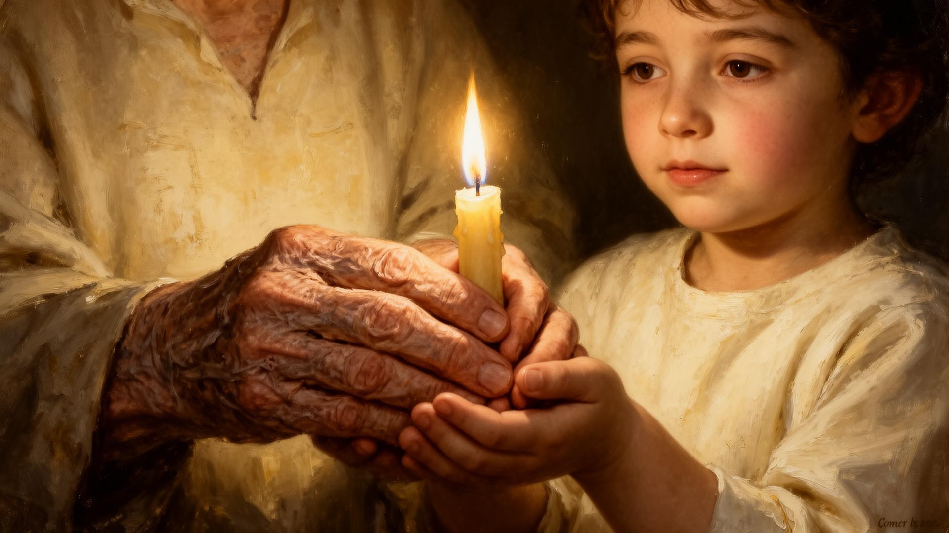 Oil painting of a grandmother's hands cupped over a child's hands lighting a candle.